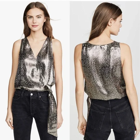 Ramy Brook | Silk Sleeveless Top V-Neck Silvery Snakeskin Print, Size L - Picture 3 of 12